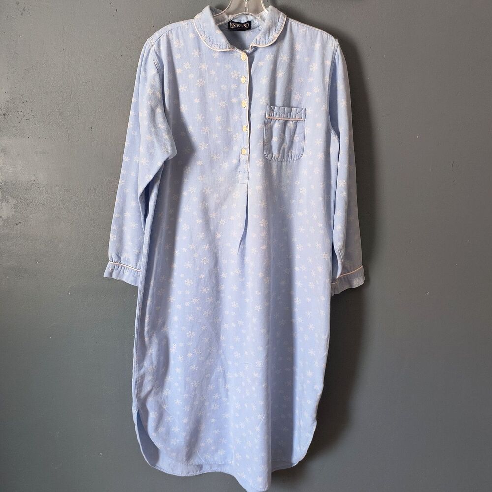 Vtg Lands' End  Nightgown M (10-12) Blue White Snowflakes Cotton Cozy *Pls Read*